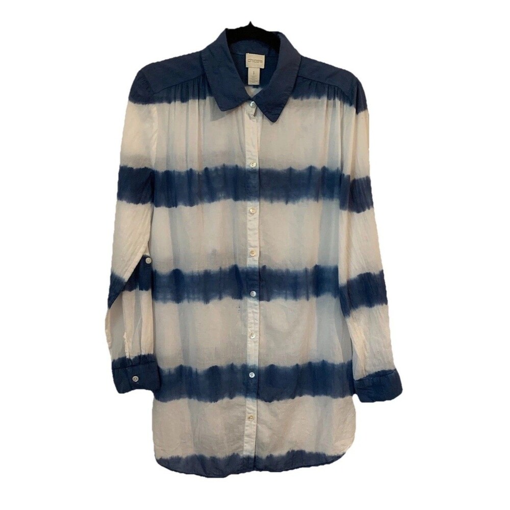 Chicos Size 1 Top Womens Medium Tie Dye Striped Button Front Lightweight Boho